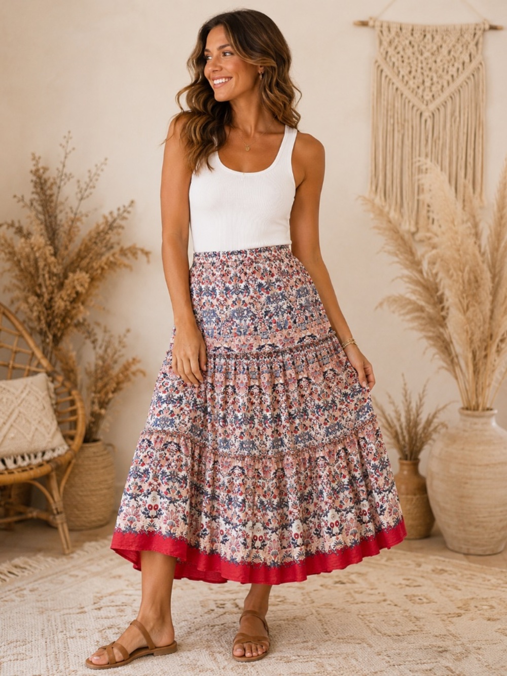 MAX STUDIO Women’s Boho Floral Tiered Midi Skirt Red Blue Size L